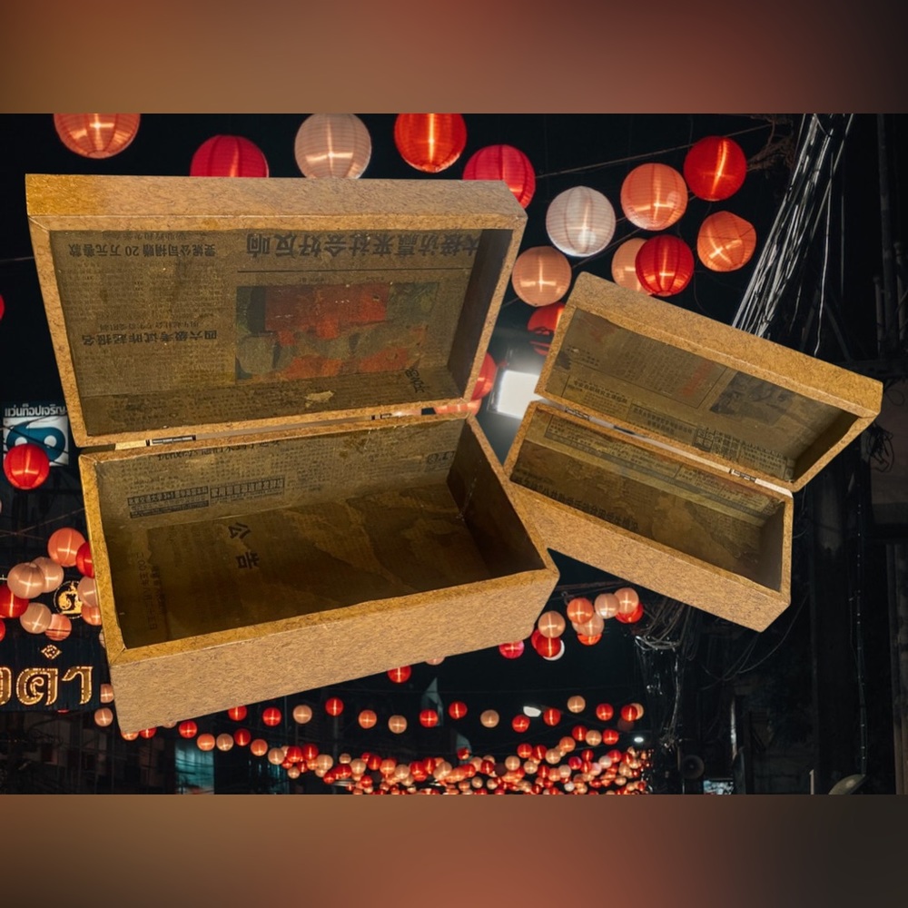 VINTAGE WOODEN NESTING TRINKET BOXES (2), FAUX CORK OUTSIDE, ASIAN DESIGN INSIDE